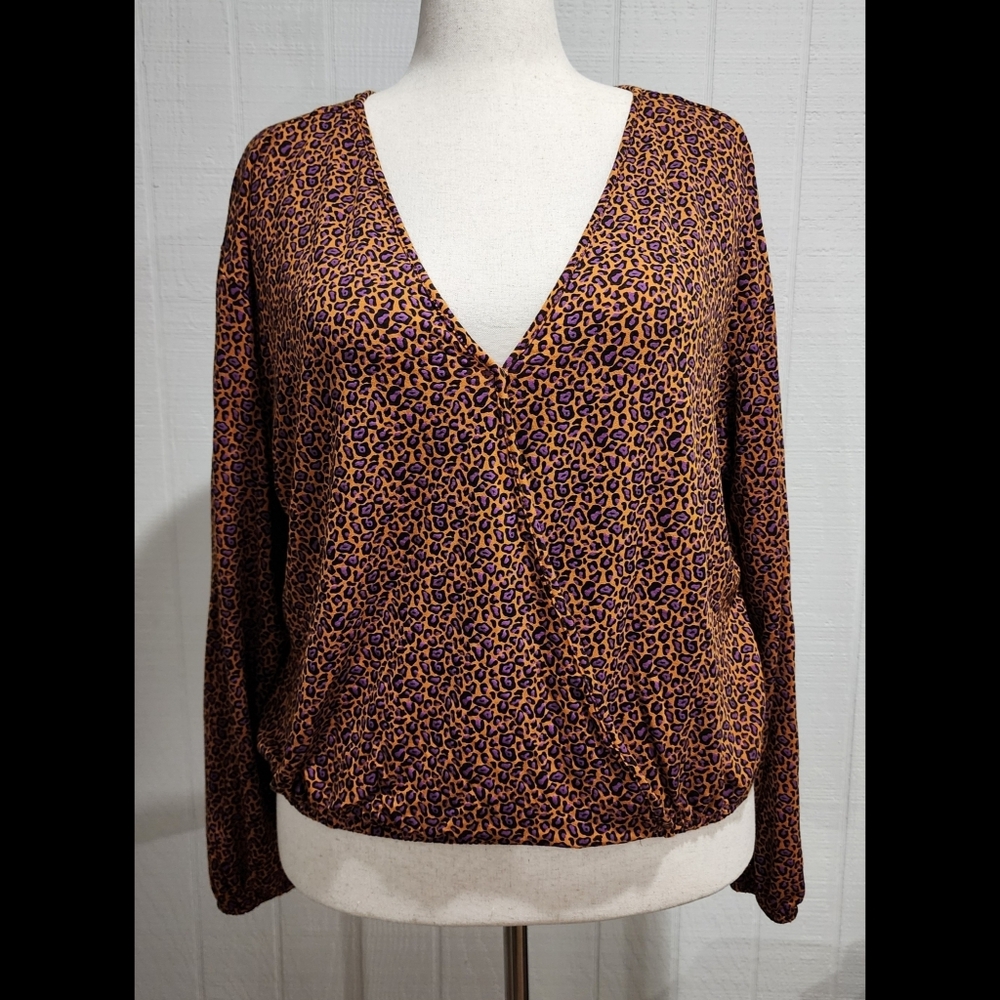 Wrangler Retro Leopard Top Sz XL Cropped Oversized Balloon Sleeves Purple & Gold